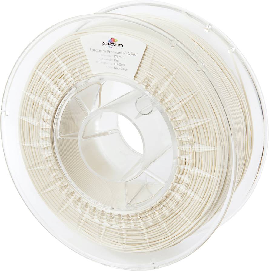 Une bobine de filament blanc pour imprimante 3D, sur un rouleau en plastique transparent, portant l'inscription 'Spectrum'.