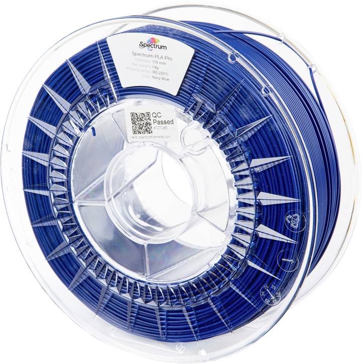 Une bobine de filament bleu pour imprimante 3D en PLA de la marque Spectrum. L'étiquette avec les informations du produit est visible.
