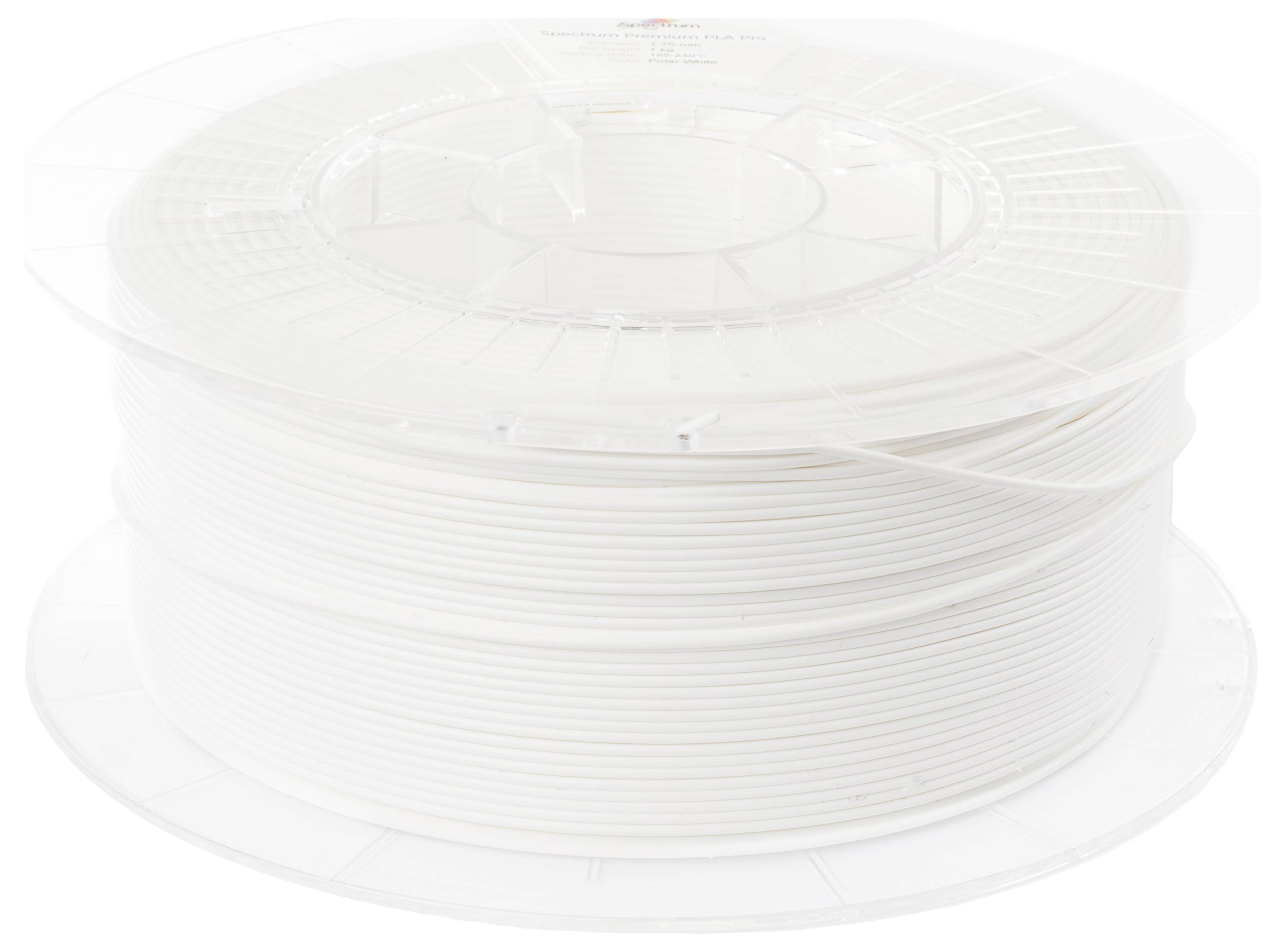 Une bobine de plastique avec du filament blanc, utilisée pour les imprimantes 3D. La bobine est transparente, ce qui permet de voir le filament blanc à travers.