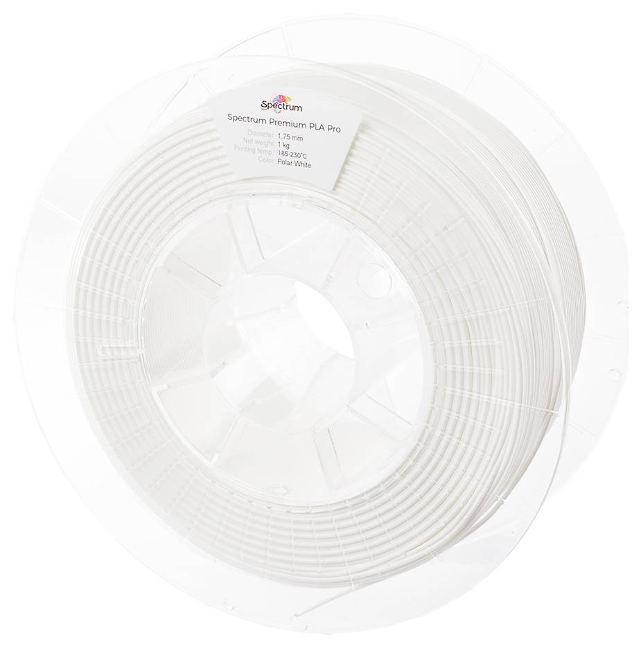 Bobine de plastique avec filament d'imprimante 3D blanc, étiquetée 'Spectrum Premium PLA Pro'.