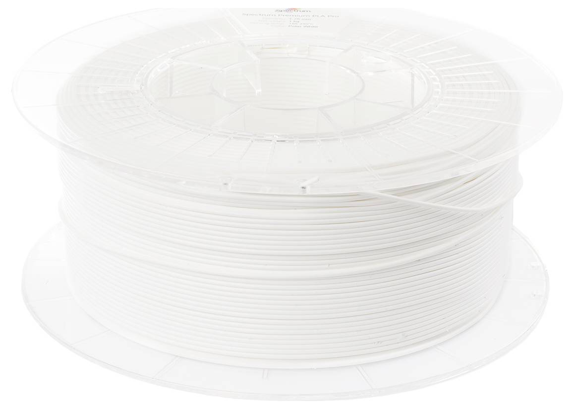 Rouleau de filament d'imprimante 3D blanc, sur un bobinot transparent, sur un fond blanc.