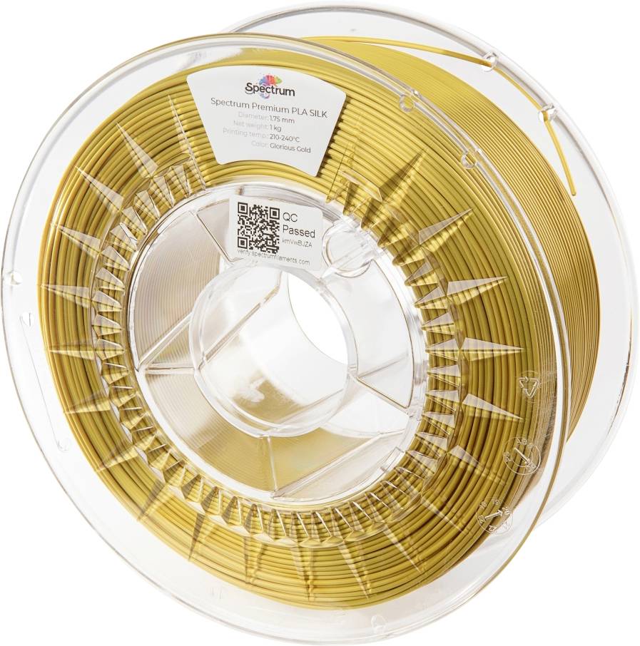 Un rouleau de filament d'impression 3D couleur or en PLA, sur un bobineau transparent. Étiquette : « Spectrum Premium PLA SILK, Golden Gold ».
