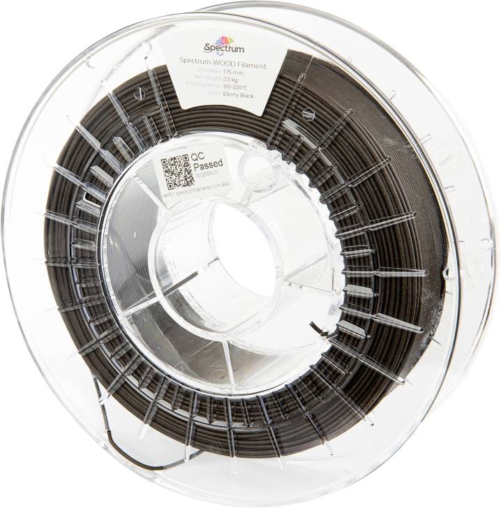 Une bobine transparente de matériau d'impression 3D marron nommée 'Spectrum WOOD Filament', adapté pour une température d'impression de 190-230°C.