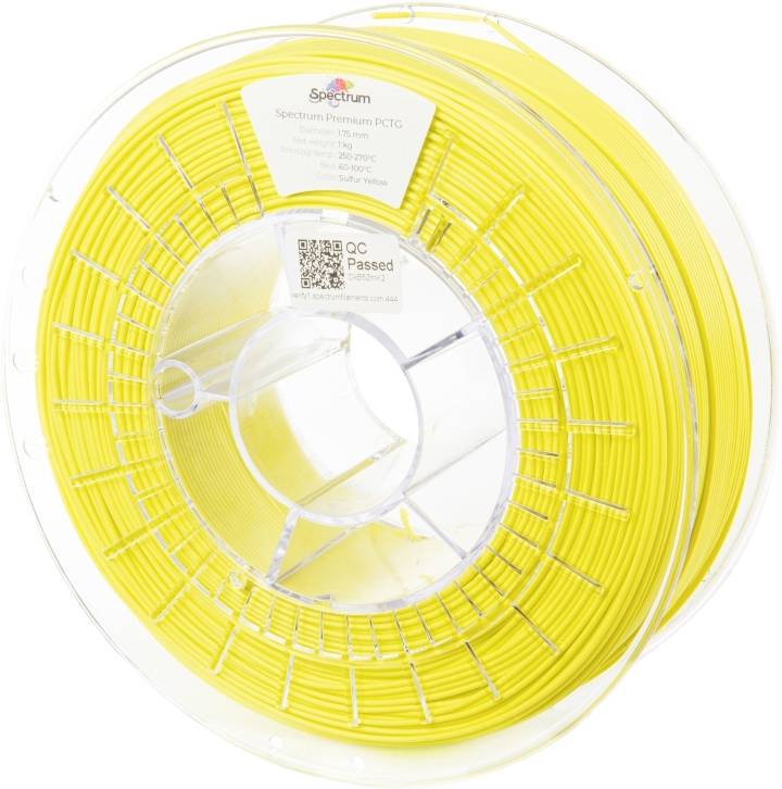 Bobine de filament jaune pour imprimante 3D, marque 'Spectrum', matériau PCTG, 1 kg, plage de température 190-230°C, sur bobine en plastique.
