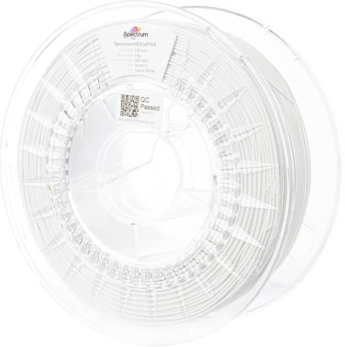Bobine de plastique avec filament blanc pour imprimante 3D, marque 'Spectrum'. Emballée dans un étui transparent, étiquetée avec les spécifications du produit.