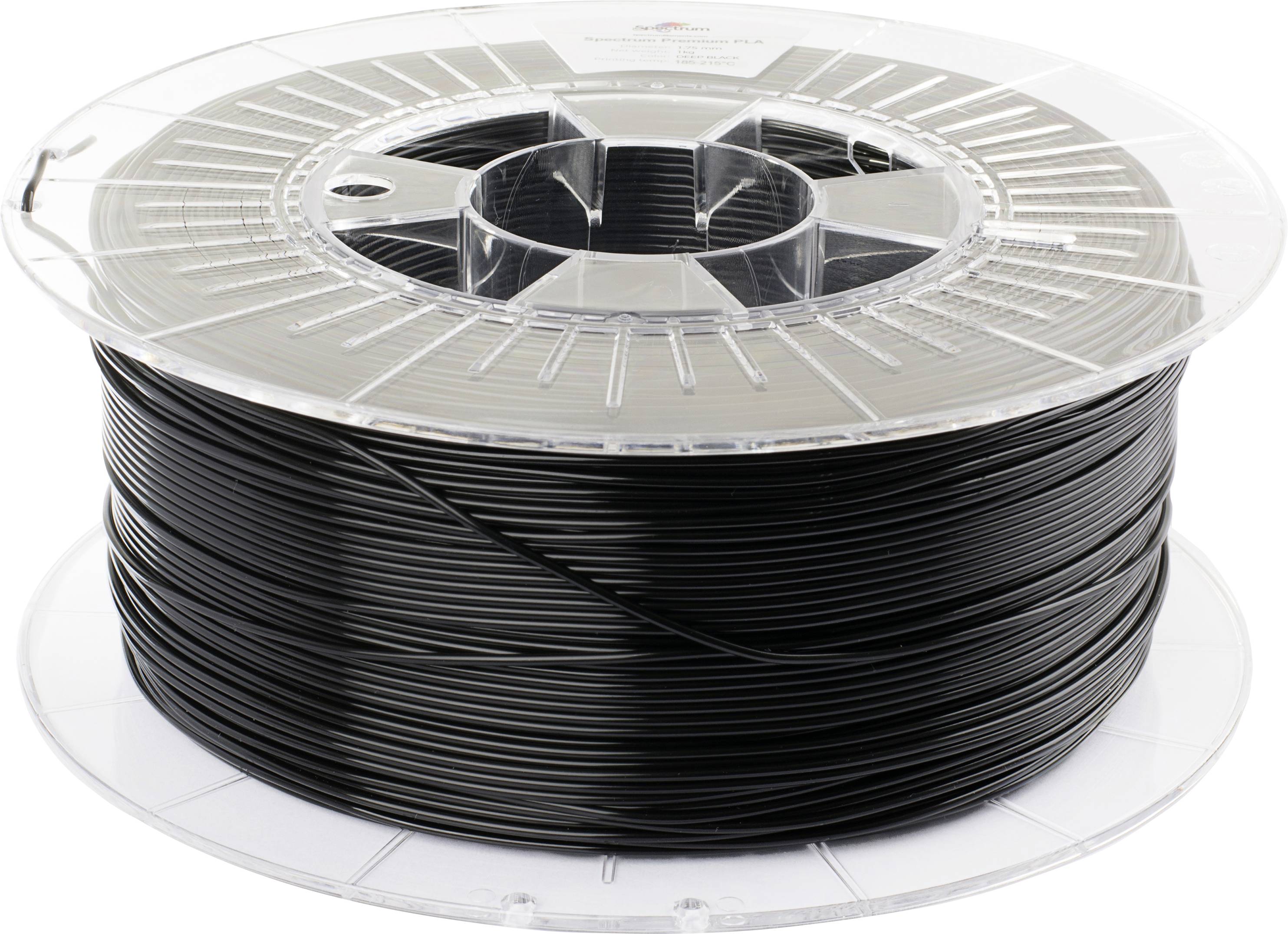 Bobine de filament noir pour imprimante 3D, en plastique, enroulée sur un support transparent.