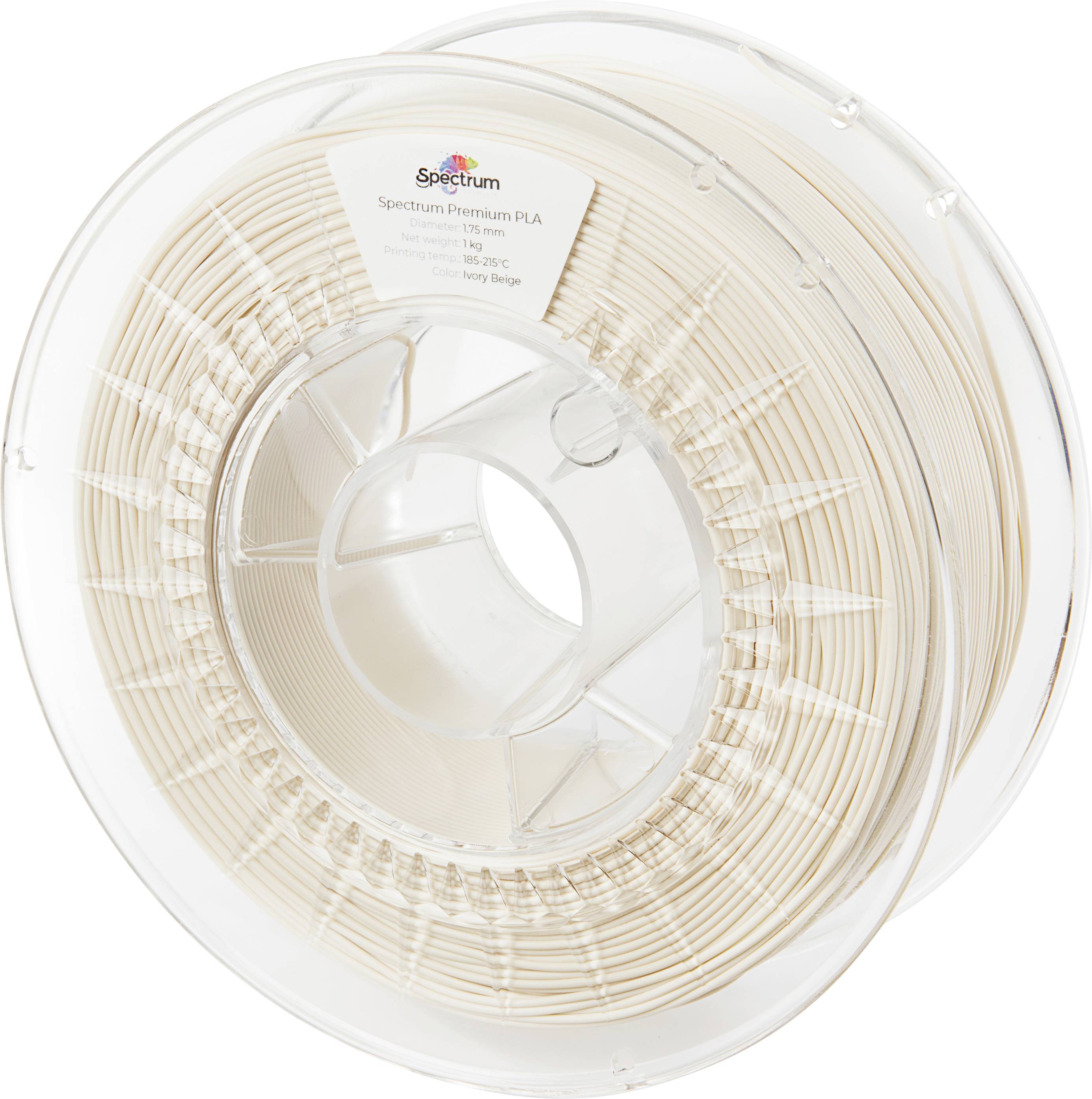 Un rouleau de filament PLA beige pour imprimante 3D avec l'étiquette 'Spectrum premium PLA'.