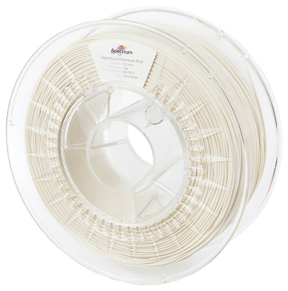 Bobine de filament pour imprimante 3D de couleur beige clair, étiquetée 'Spectrum Premium PLA', indiquant la quantité, le poids et la couleur.