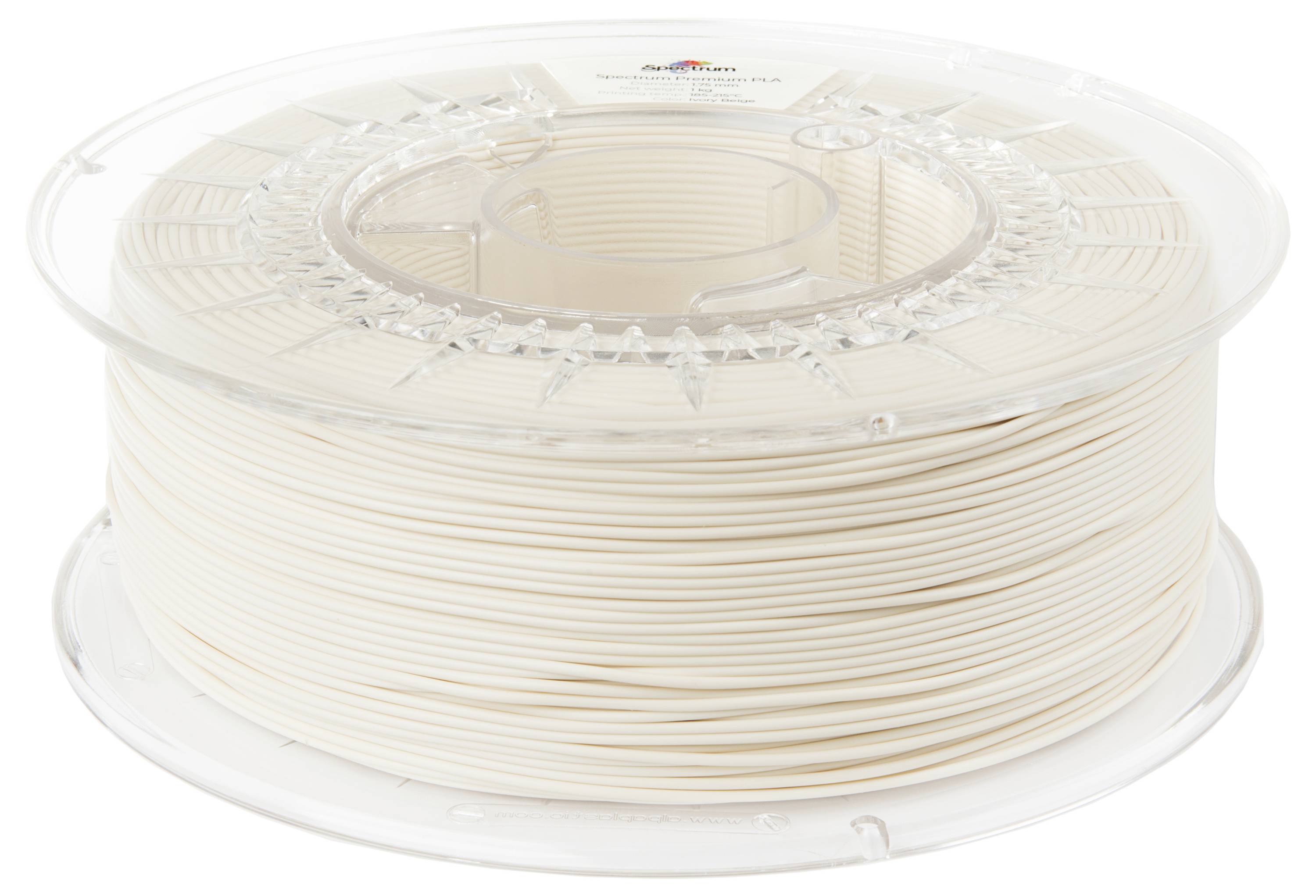 Un rouleau blanc de filament d'impression 3D en PLA sur une bobine transparente en plastique.