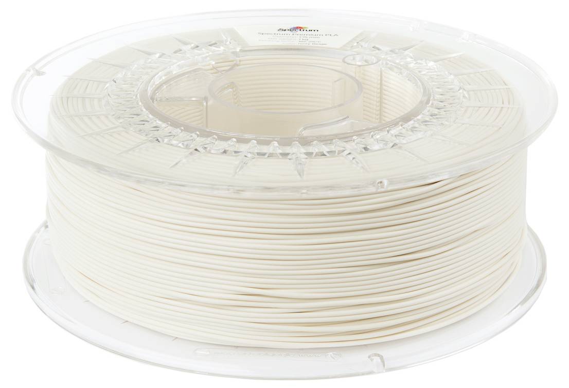Une bobine de filament blanc pour imprimante 3D dans un emballage en plastique transparent.