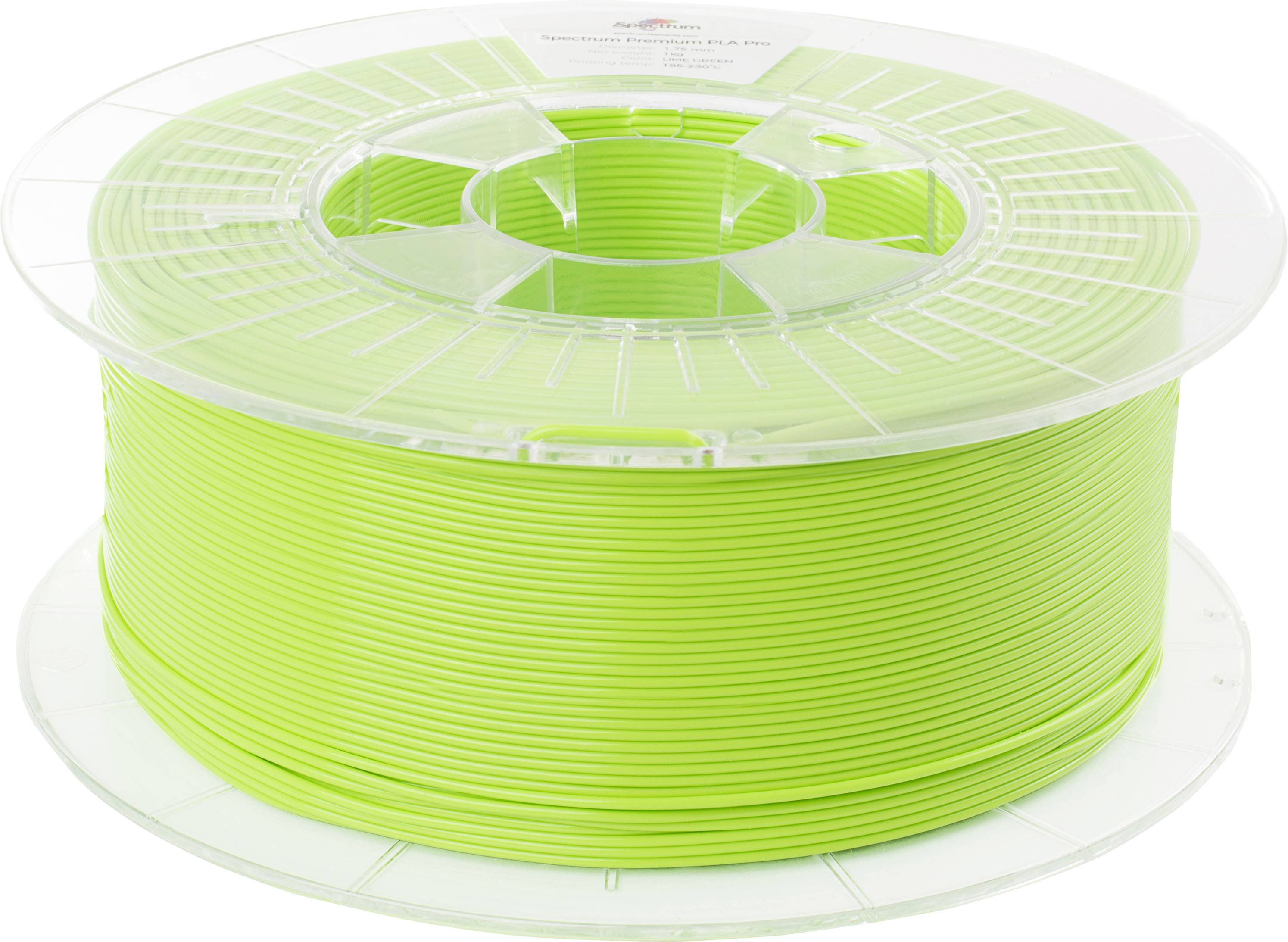 Une bobine de filament vert pour imprimante 3D, enroulée sur un support en plastique.