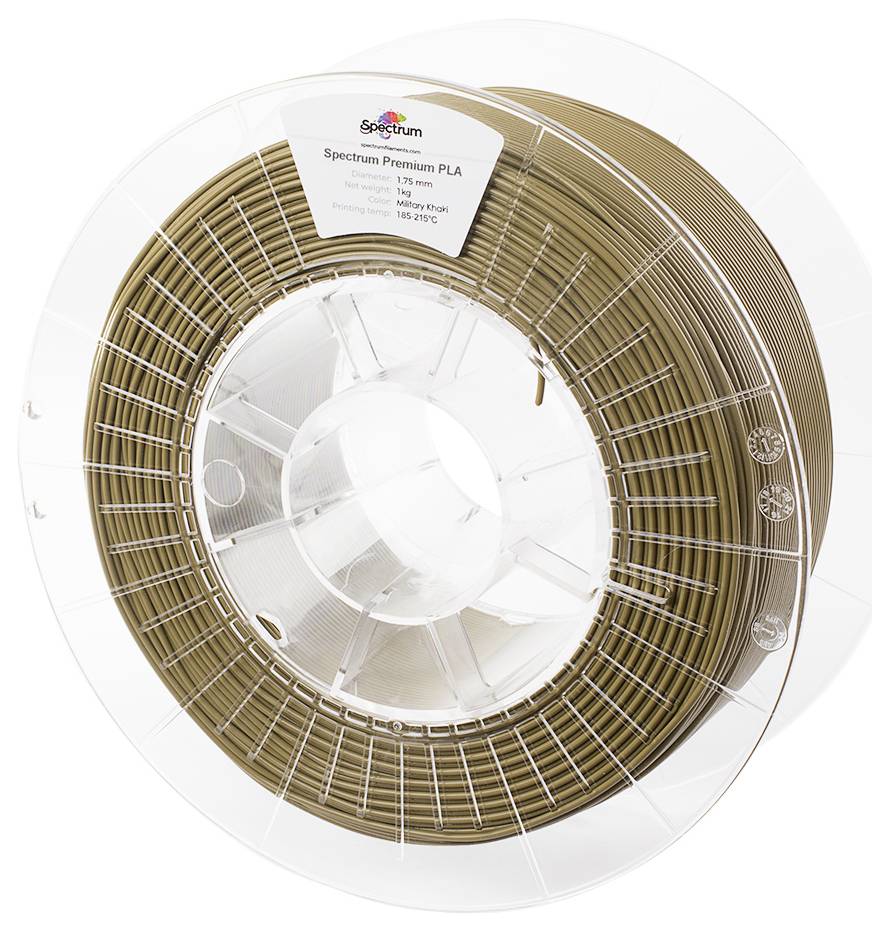 Une bobine de filament PLA bronze de la marque 'Spectrum Premium', adapté pour des températures de 185-215°C.