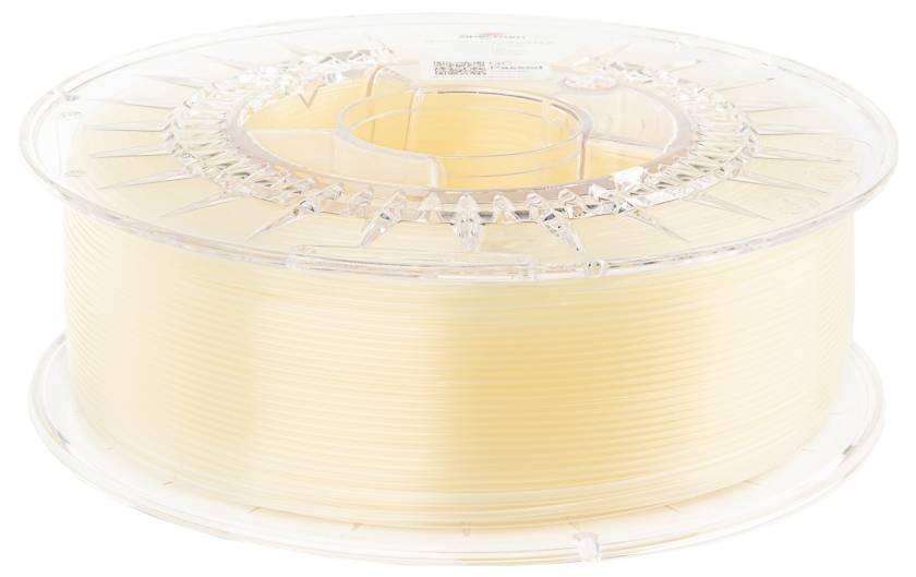 Une bobine de filament d'imprimante 3D beige-transparent, prise de côté.