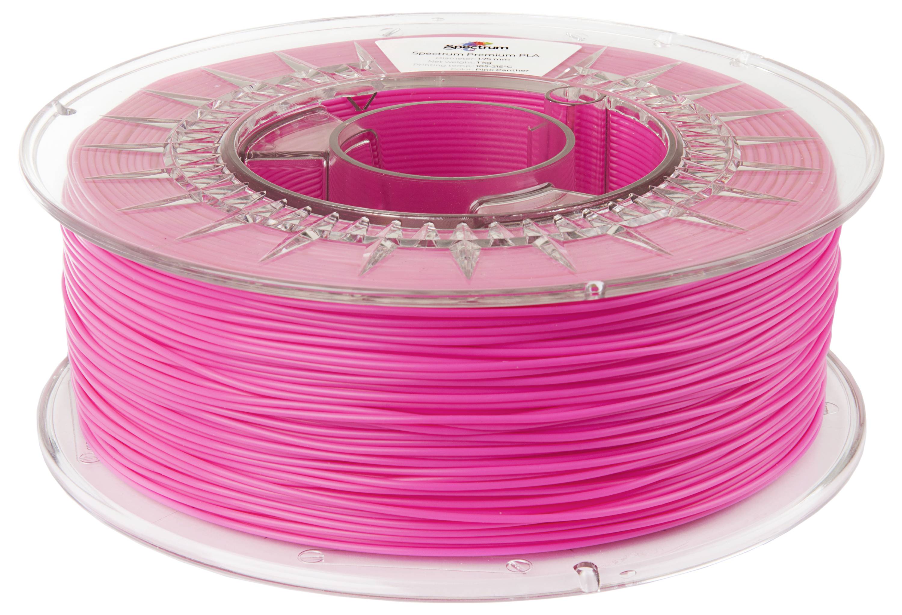 Un rouleau de filament rose, généralement utilisé pour les imprimantes 3D. Le rouleau est transparent, de sorte que le fil enroulé est visible.