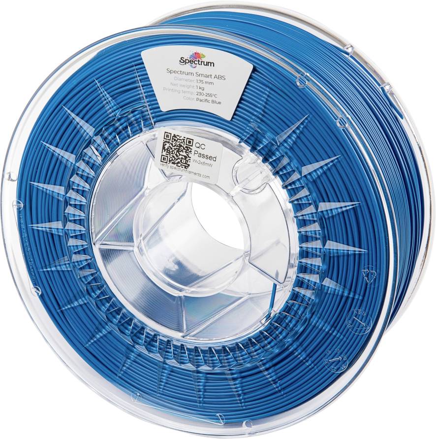 Bobine de filament ABS Spectrum Smart bleu pour imprimante 3D, comprenant l'étiquette avec code QR et contrôle qualité.