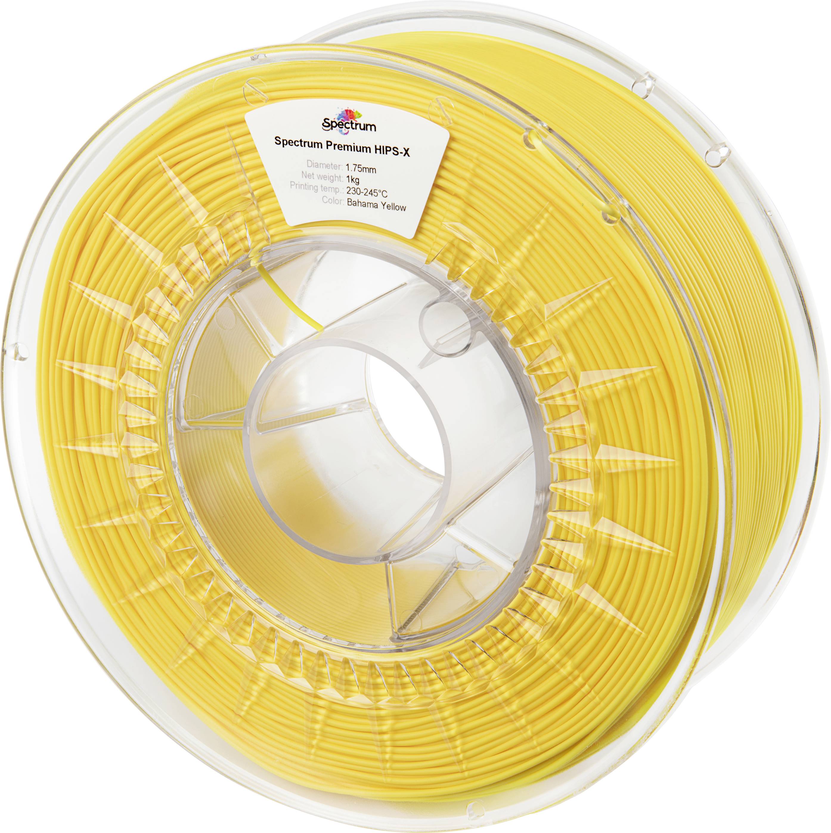 Une bobine de plastique contenant du filament jaune pour imprimante 3D, sur laquelle sont indiquées des informations telles que le matériau, le diamètre et la température recommandée.