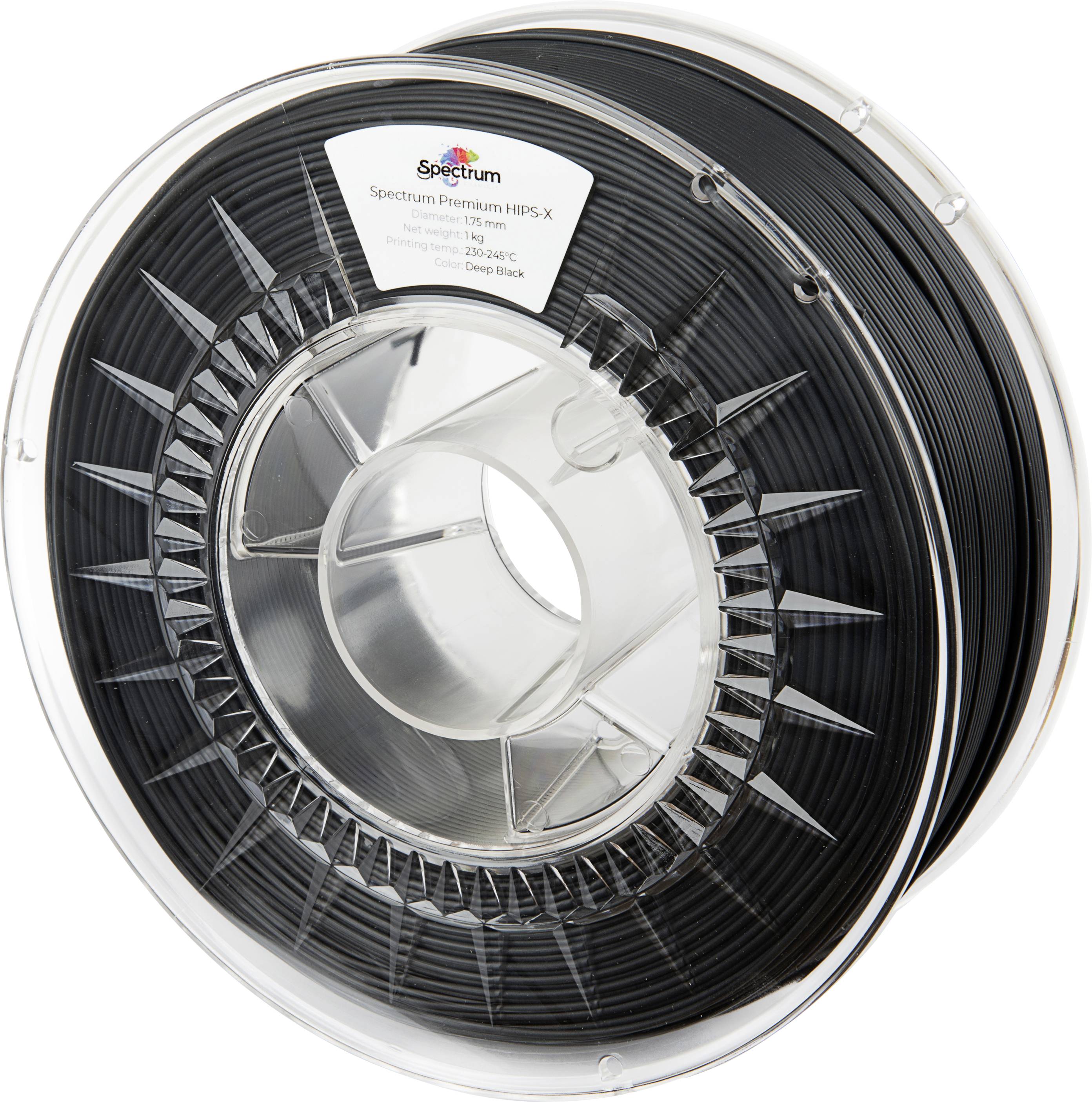 Rouleau de filament pour imprimante 3D noir avec étiquette 'Spectrum Premium HIPS-X', affichant les détails du matériau et les informations du fabricant.