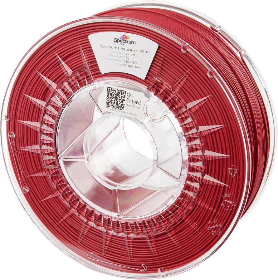 Bobine de filament rouge pour imprimante 3D, autocollant de marque visible au centre.
