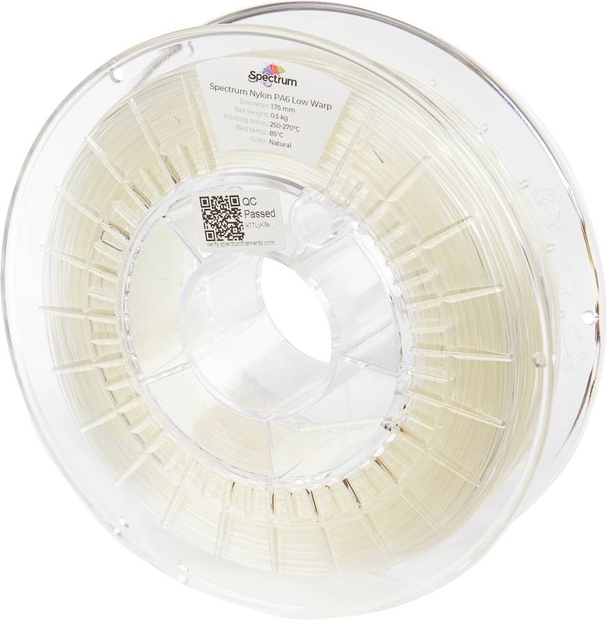 Une bobine de plastique pour filament d'imprimante 3D, avec des fils de nylon beiges, sur une bobine transparente. Un autocollant en haut indique les spécifications.