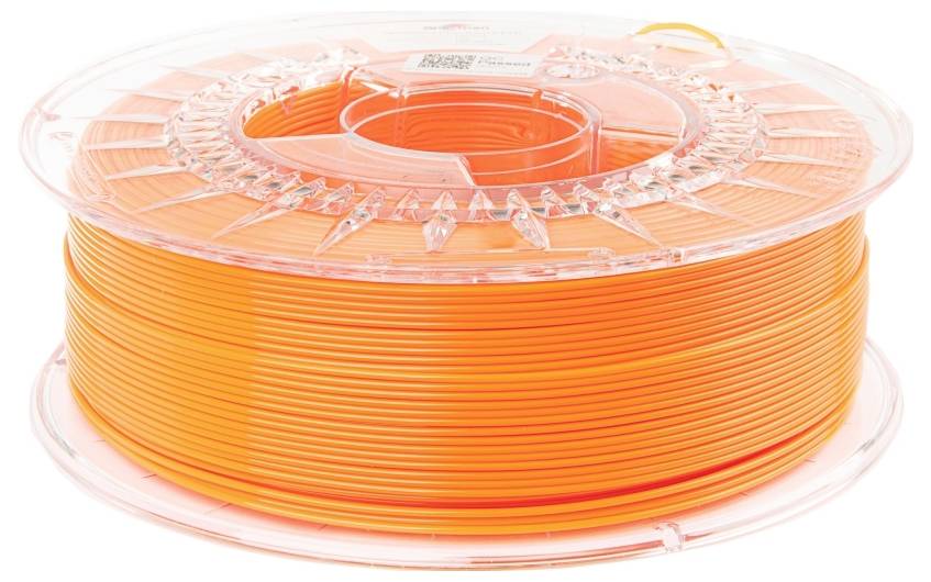Une bobine de filament d'impression 3D orange, vue de côté.