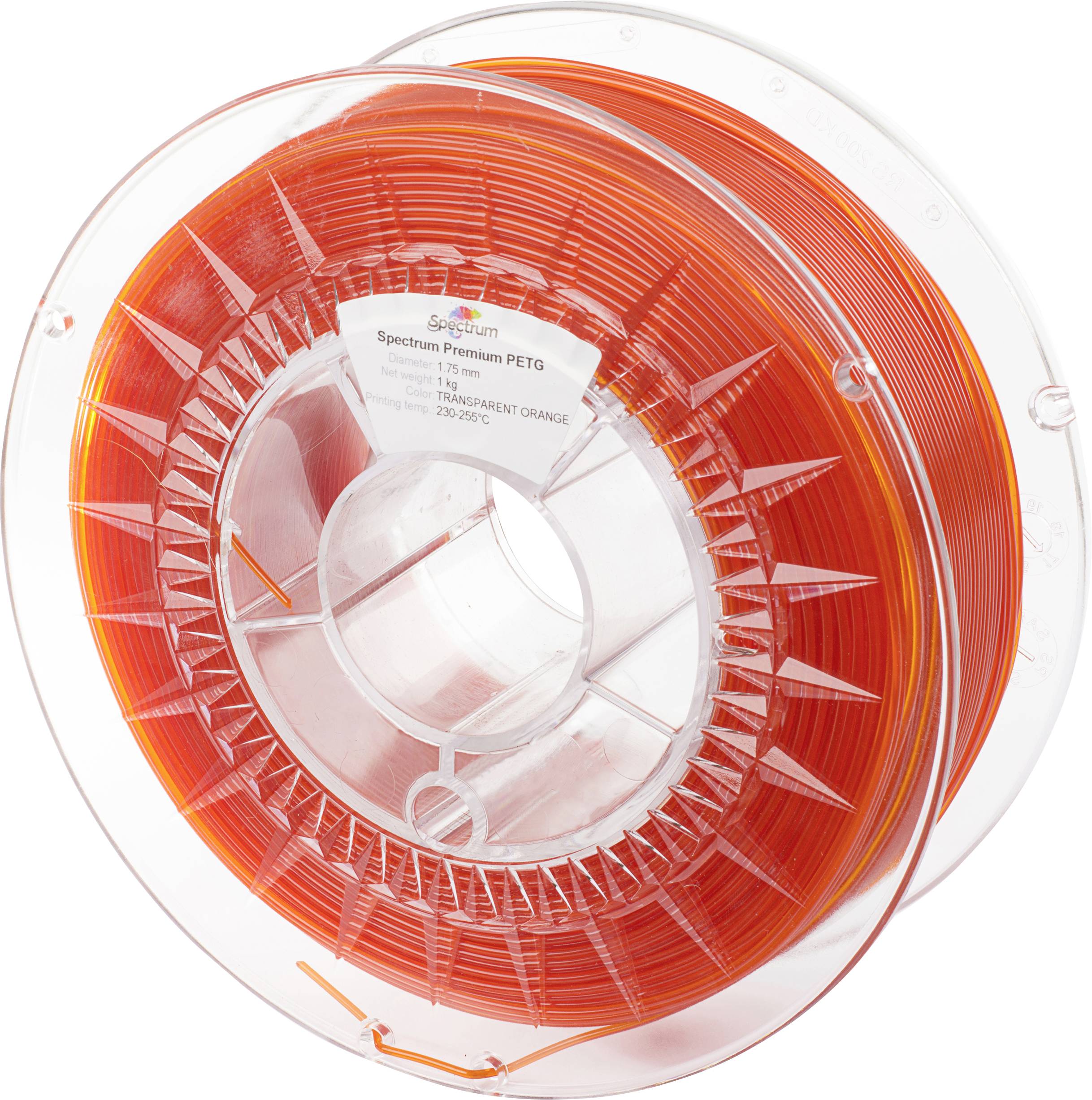 Une bobine de filament pour imprimante 3D en PETG de couleur orange, de la marque 'Spectrum Premium PETG'. Le matériau est transparent.