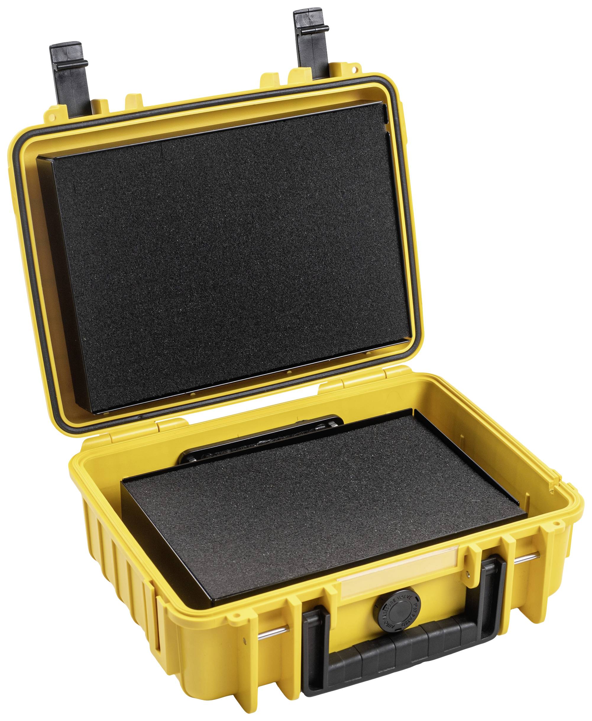 Une valise rigide jaune ouverte avec un intérieur en mousse noire. La valise est robuste et prête pour le transport d'objets fragiles.