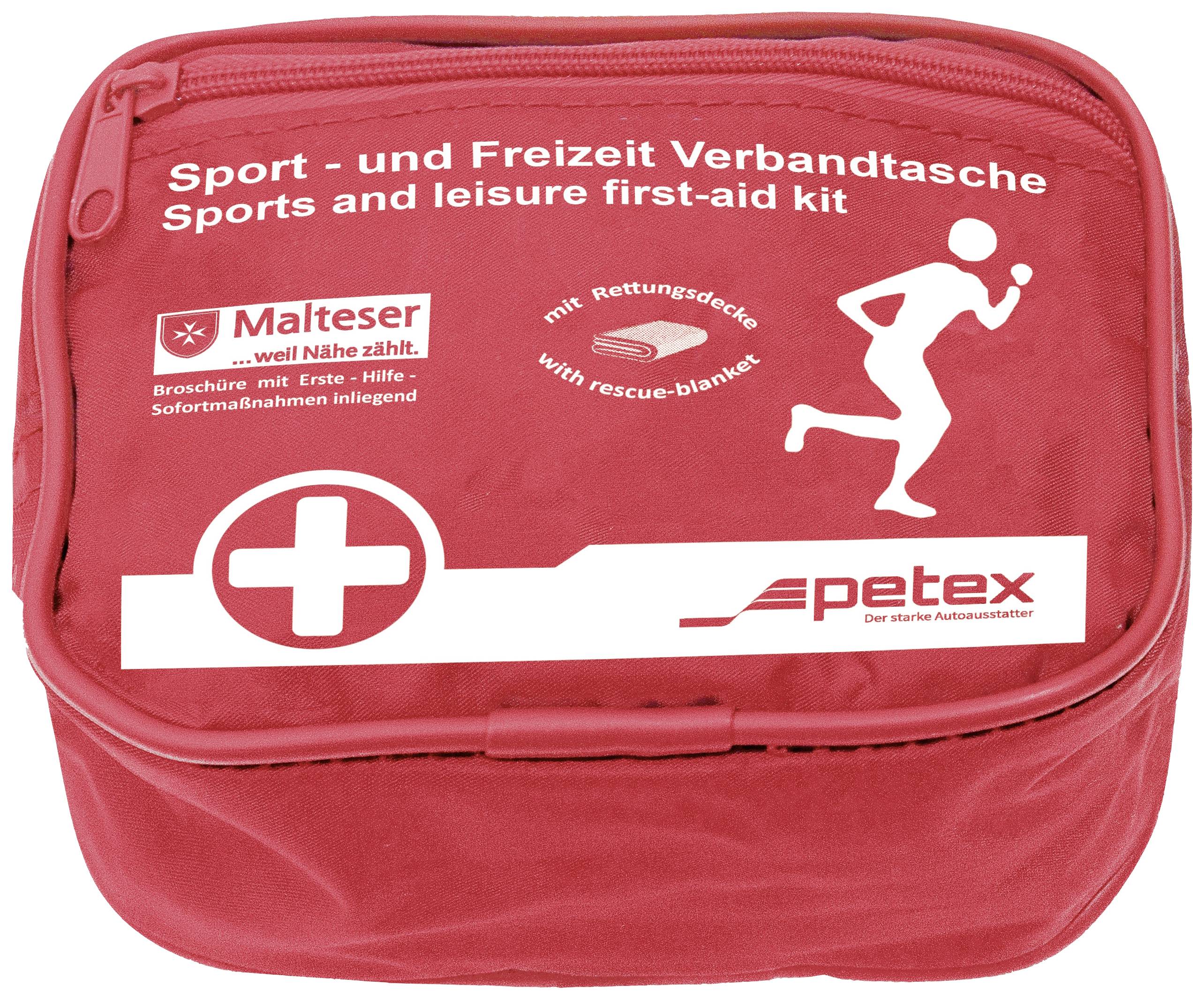 Sac de premiers secours rouge pour le sport et les loisirs, contenant une couverture de survie et du matériel de premiers soins. Texte : « Trousse de premiers secours pour le sport et les loisirs »