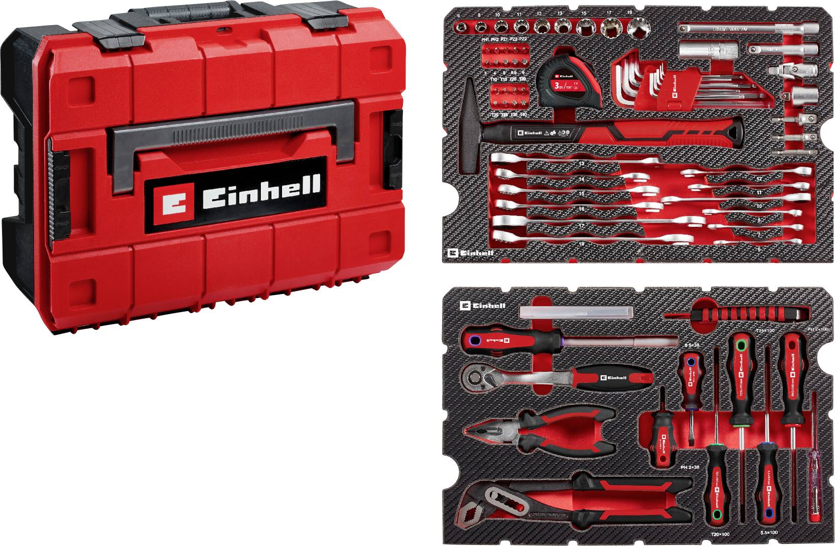 Coffret à outils Einhell rouge et noir avec un assortiment complet de tournevis, pinces, forets et clés à douille.