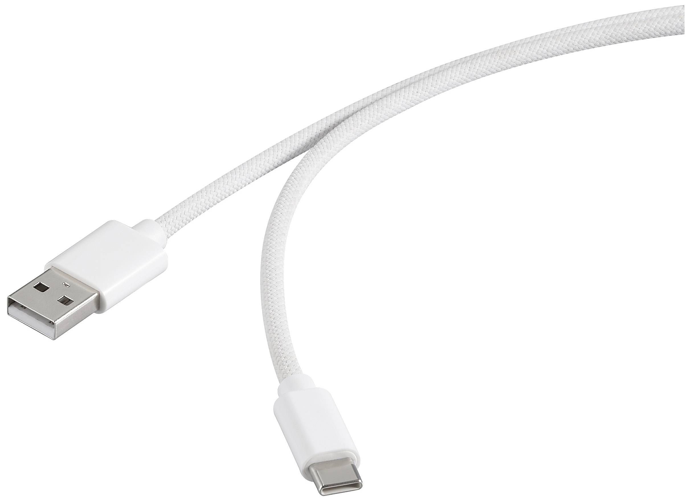 Un câble USB blanc avec une fiche USB-A d'un côté et une fiche USB-C de l'autre, repose sur un fond blanc.