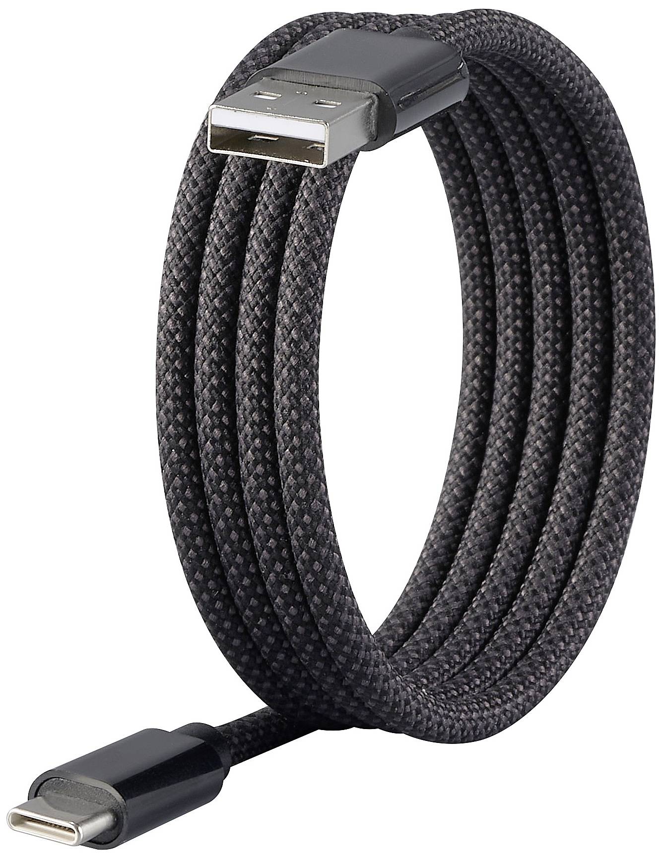 Câble USB tressé noir avec une fiche USB-A d'un côté et une fiche USB-C de l'autre côté.