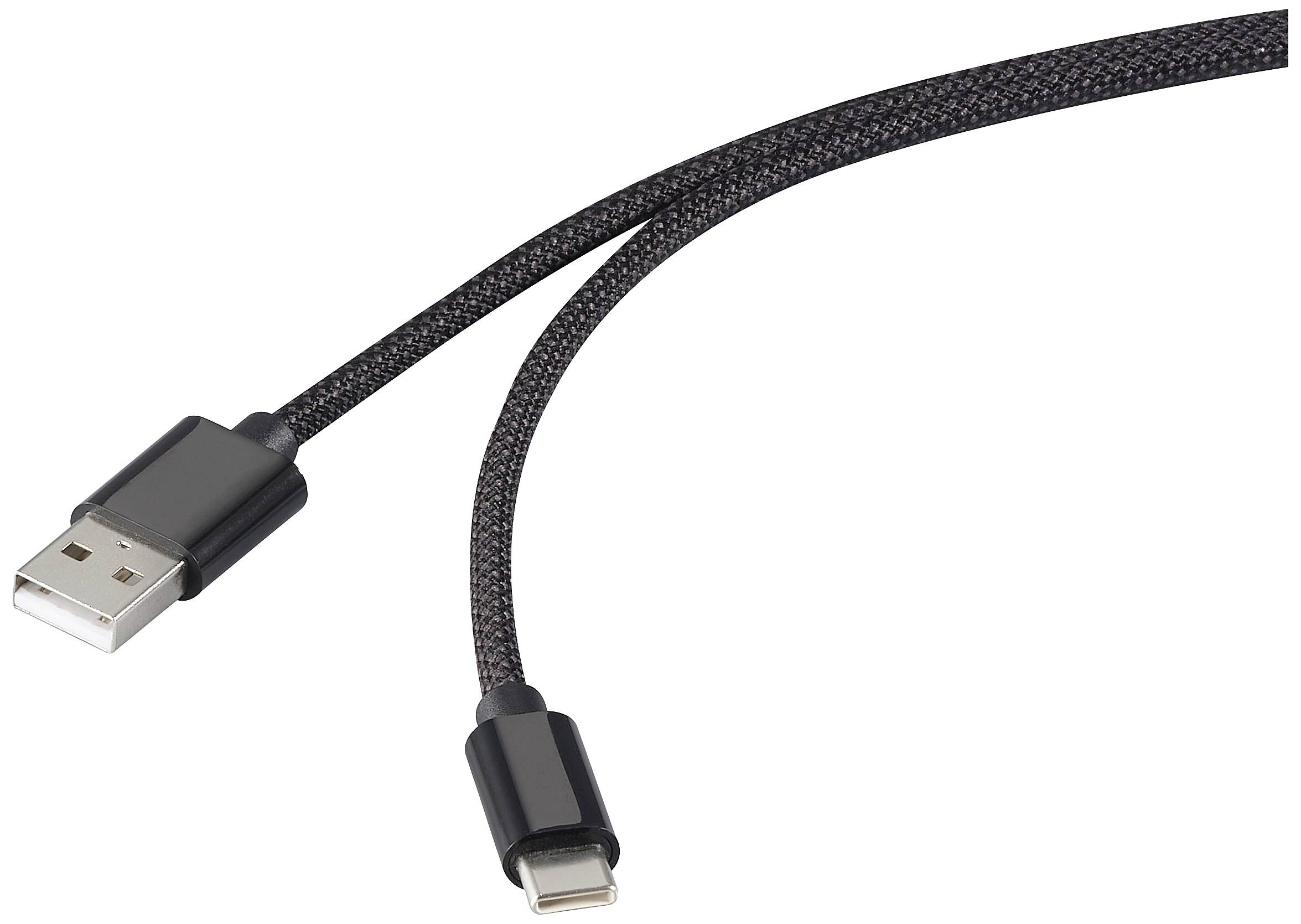 Un câble USB noir avec une fiche USB-A d'un côté et une fiche USB-C de l'autre côté.