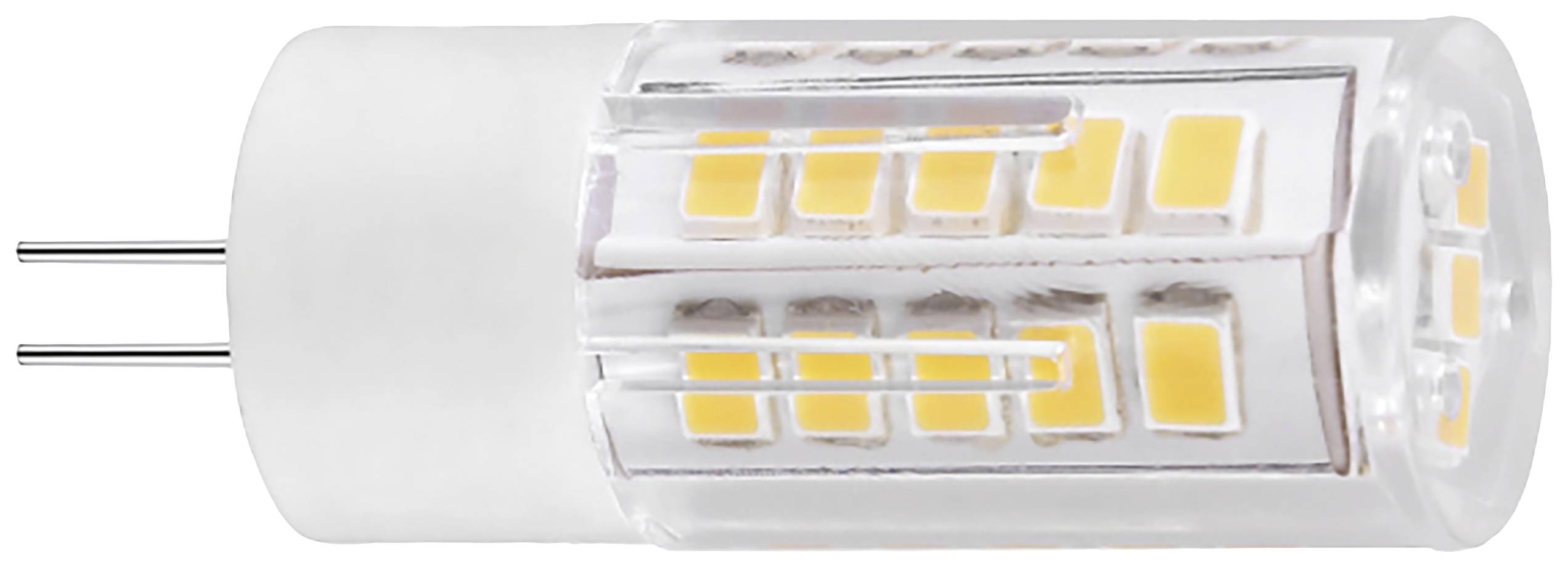 Petite lampe LED G9 avec plusieurs diodes électroluminescentes jaunes, de forme cylindrique, avec des broches pour une utilisation dans des supports compatibles.