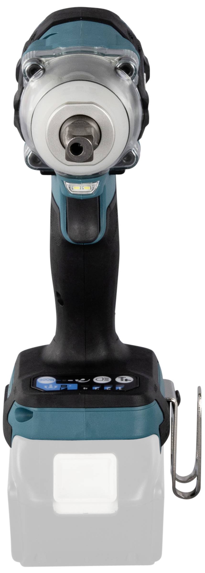 Un tournevis électrique sans fil avec un boîtier et un support bleu-noir, représenté de face.