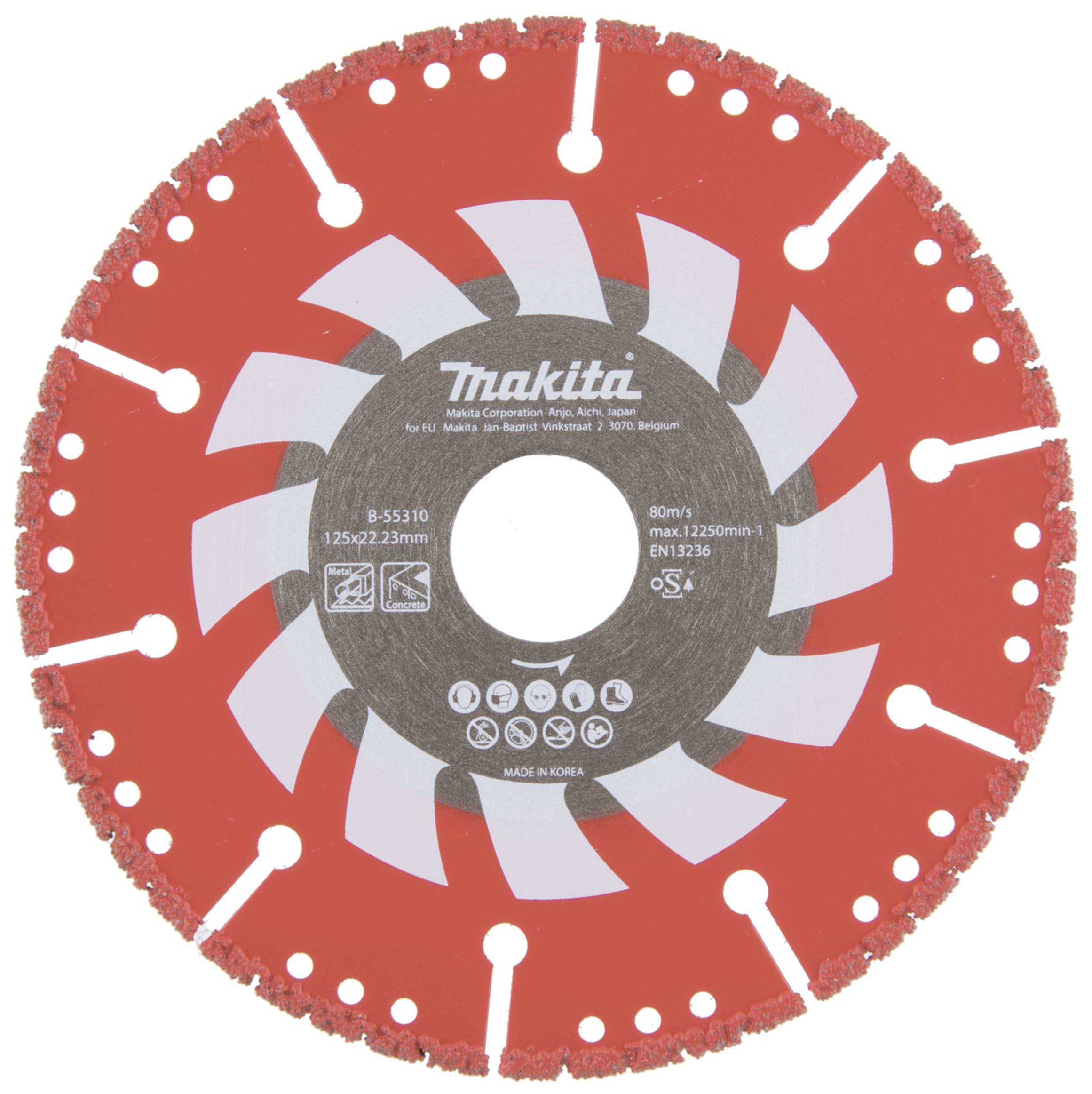 Disque de coupe diamanté rouge de la marque Makita, 125x22,23 mm, adapté pour le travail de la pierre et les travaux de construction, avec des éléments de design blancs.