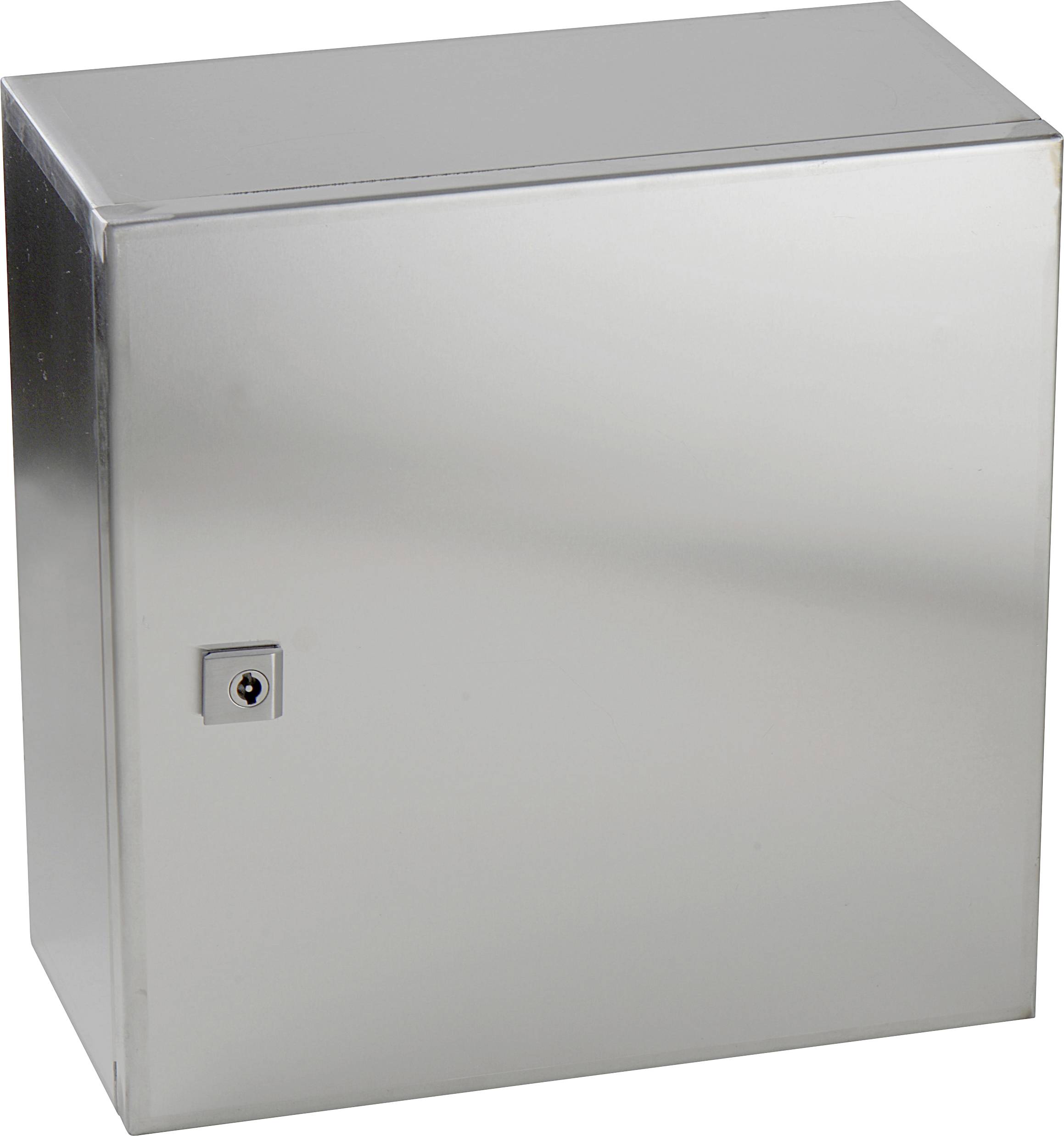 Boîtier de distribution métallique avec serrure sur la face avant.