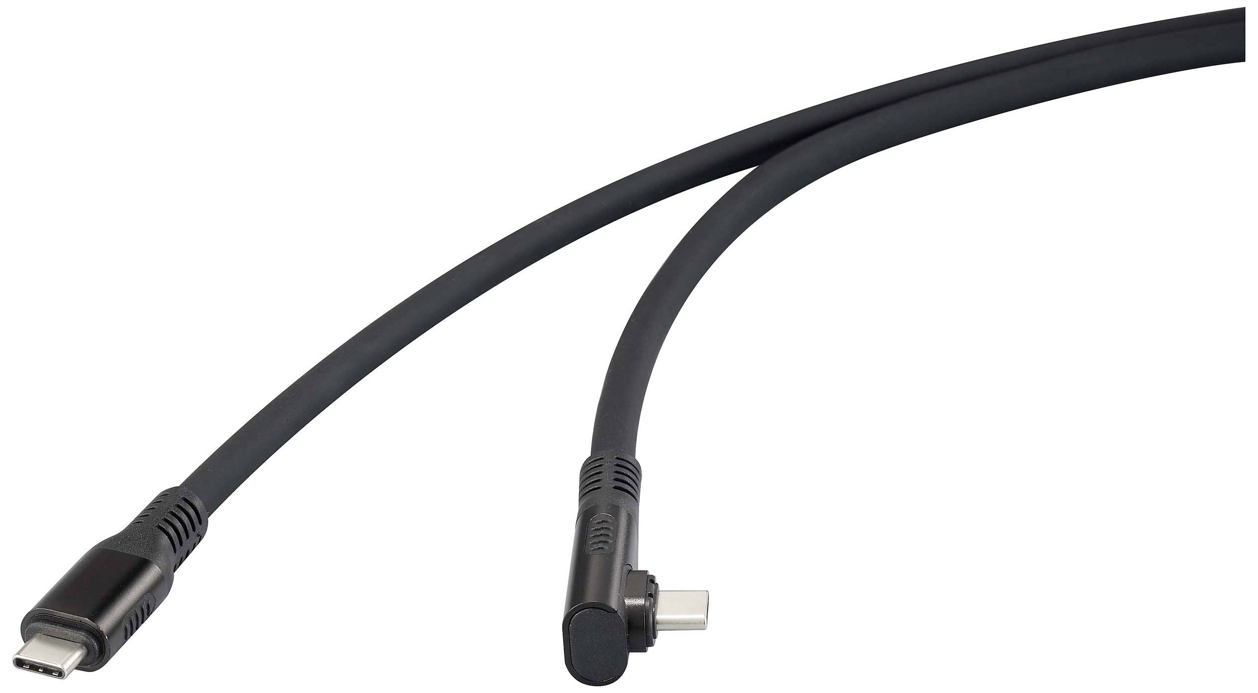Deux câbles USB-C noirs avec des connecteurs coudés, reliés par un câble flexible, montrent diverses possibilités de connexion.