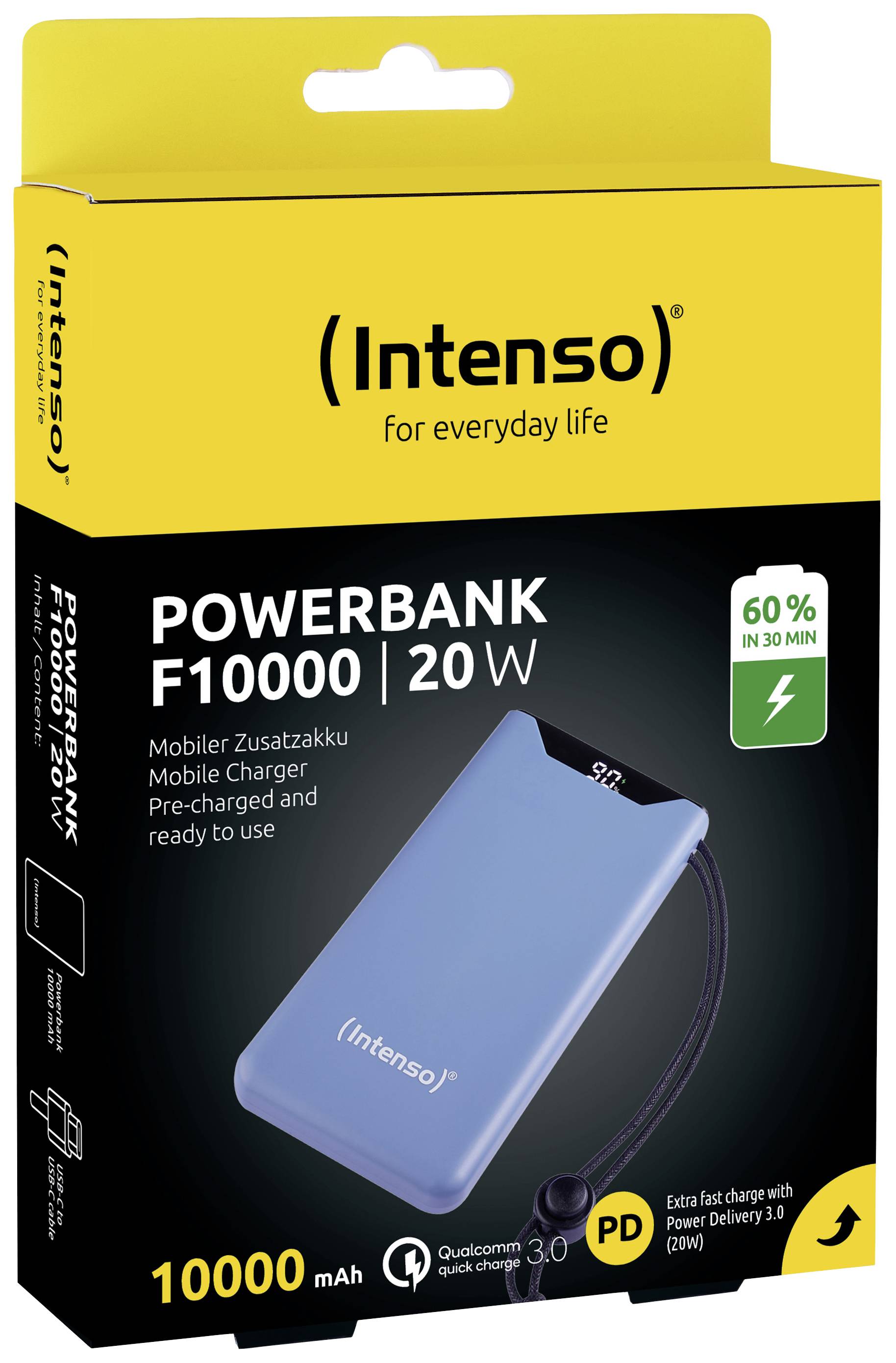Intenso F10000 Powerbank (batterie supplémentaire) 10000 mAh Quick Charge, Power Delivery LiPo USB-A, USB-C® bleu affichage du