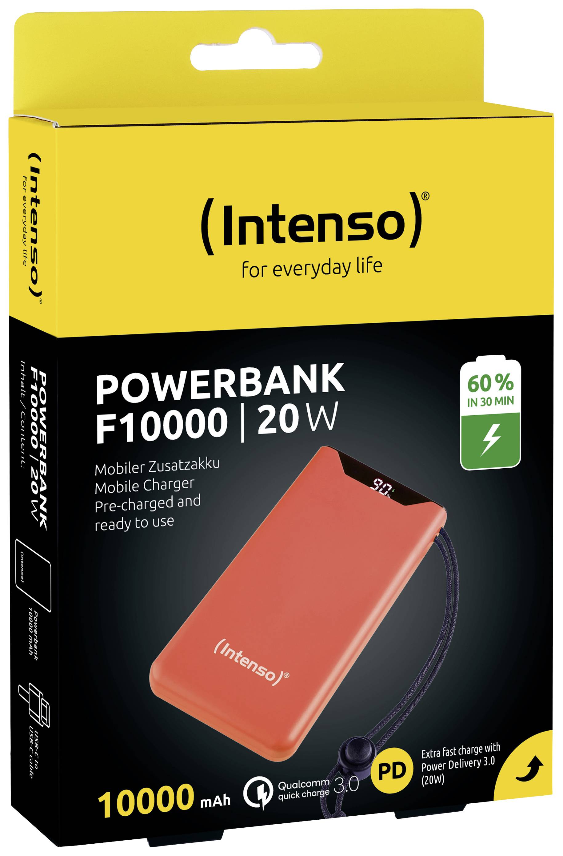 Intenso F10000 Powerbank (batterie supplémentaire) 10000 mAh Quick Charge, Power Delivery LiPo USB-A, USB-C® orange affichage du