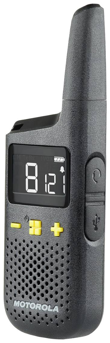 Un talkie-walkie noir avec affichage numérique, touches de commande jaunes et logo de marque en bas.