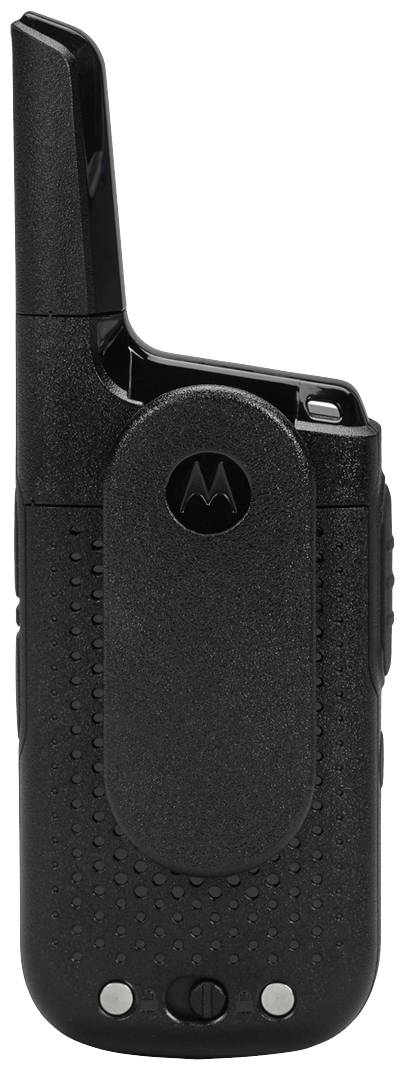 Un talkie-walkie noir avec une antenne relevée et un clip de ceinture.