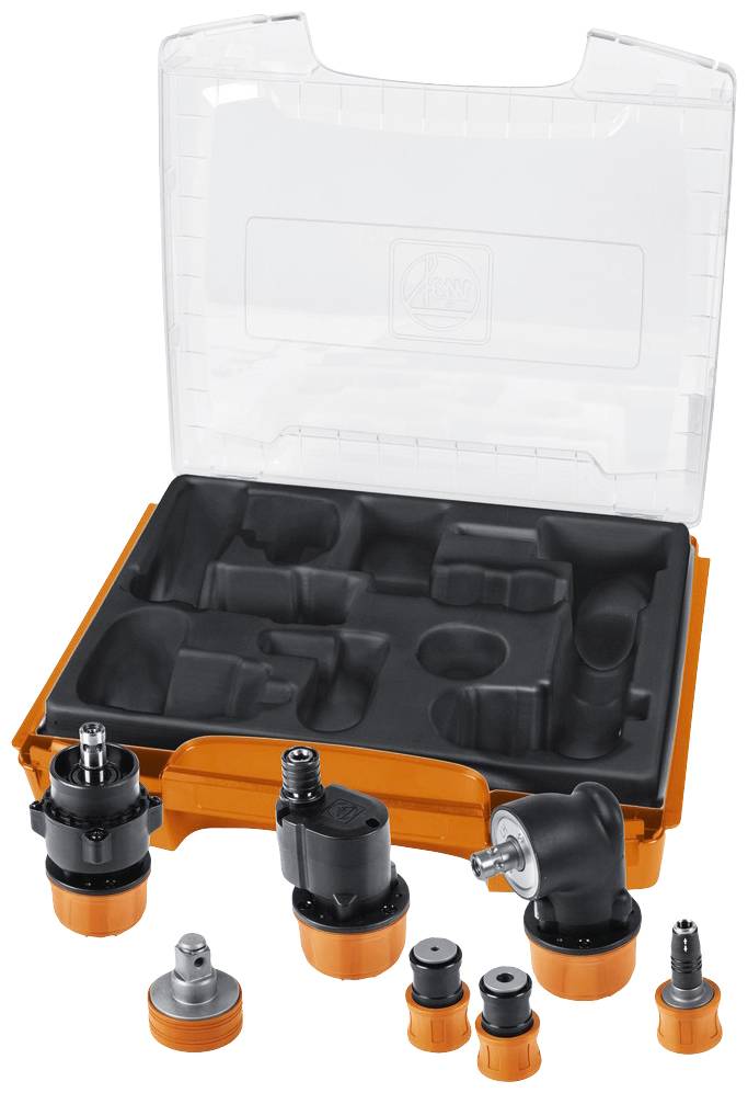 Un coffret à outils ouvert et transparent présente divers inserts d'outils orange et noir ainsi que des adaptateurs au premier plan.