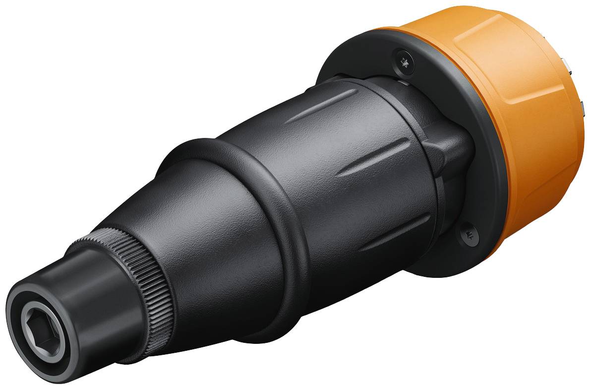 Un adaptateur fiche orange et noir au design structuré, adapté aux applications industrielles.
