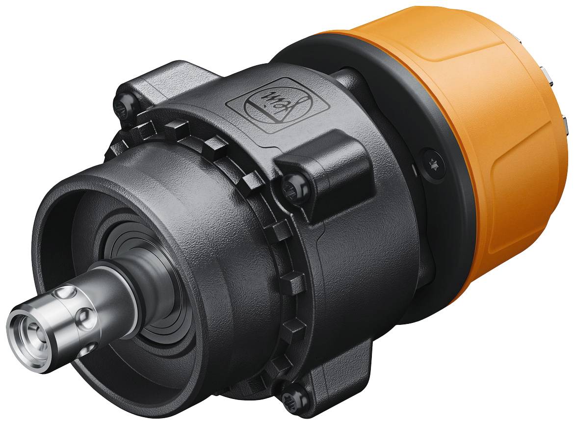 Moteur pneumatique noir et orange à air comprimé avec des composants cylindriques et des détails techniques.