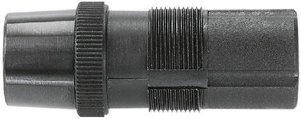 Couplage cylindrique noir en plastique avec texture nervurée et anneau tournant, utilisé pour connecter des tuyaux ou des câbles.