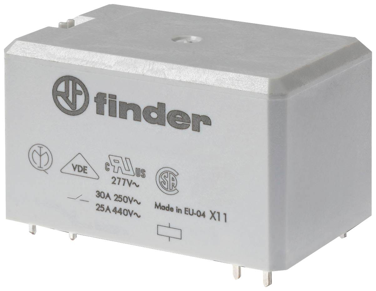 Un relais rectangulaire de la marque Finder affiche des symboles techniques et des spécifications, comprenant 30A 250V~, fabriqué dans l'UE.