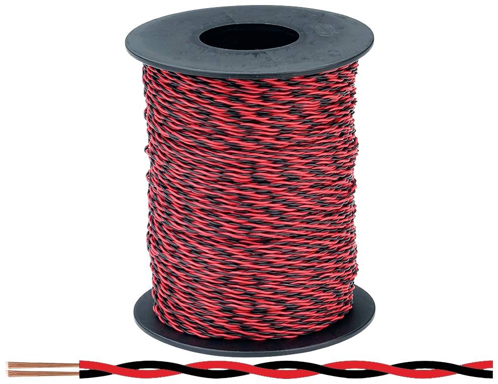 Rouleau avec câble torsadé rouge et noir et extrémité de cuivre dénudée en bas.
