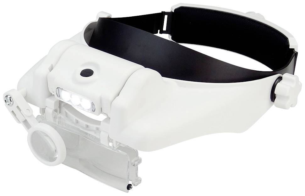 Loupe blanche à port de tête avec éclairage et multiples lentilles réglables, adaptée aux travaux de précision.