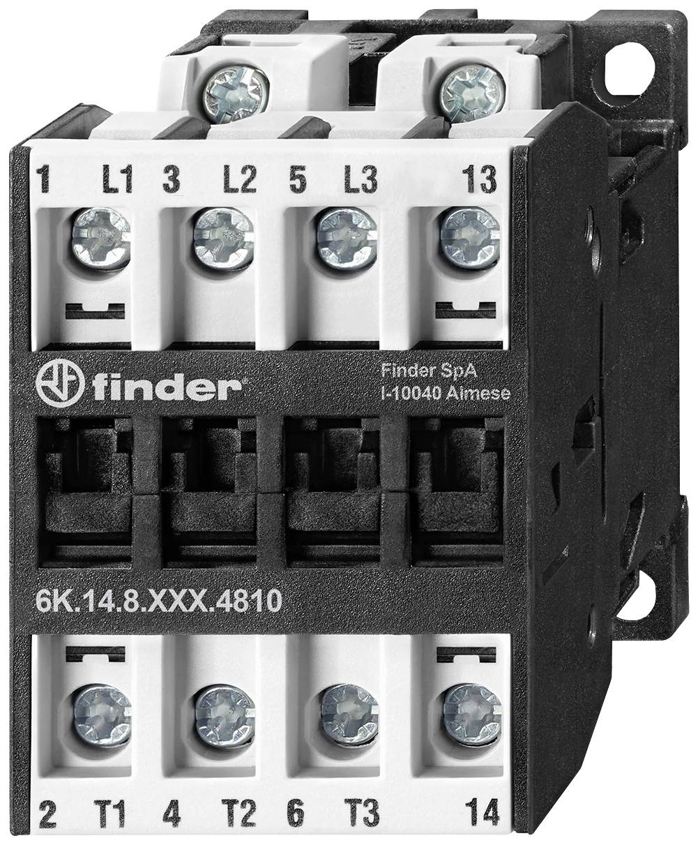 Un contacteur électrique noir et blanc de Finder avec des bornes à vis sur l'avant. Le numéro de modèle et la marque sont visibles.