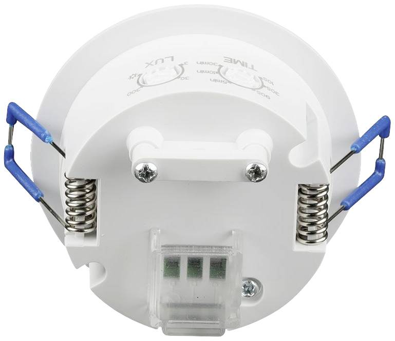 Capteur blanc et rond avec deux boutons rotatifs pour 'LUX' et 'TIME' sur le dessus, des ressorts sur les côtés et des connexions sur le dessous.