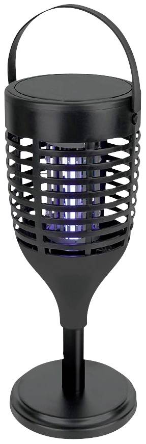 Un piège à insectes électronique noir avec lampe et grille, portable et adapté pour une utilisation en extérieur.